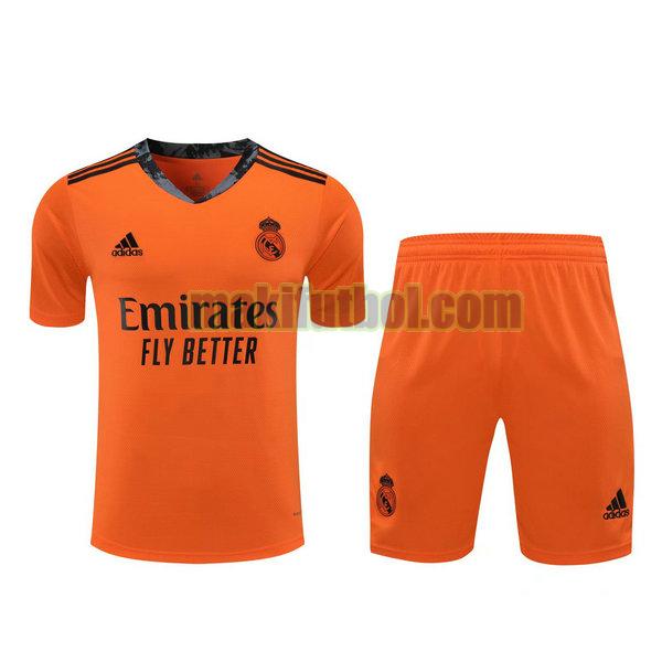 camisetas+pantalones cortos real madrid 2021 portero naranja